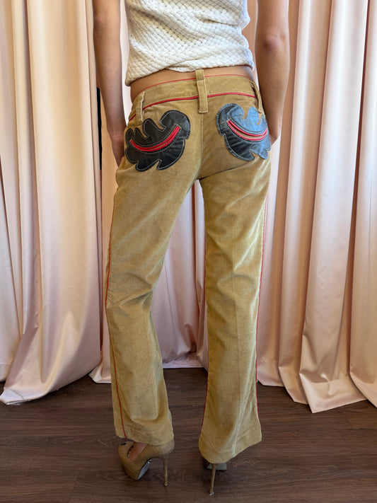 Dsquared² F/W 2004 Tan Corduroy Low Rise Flare Pants Leather Appliqué
