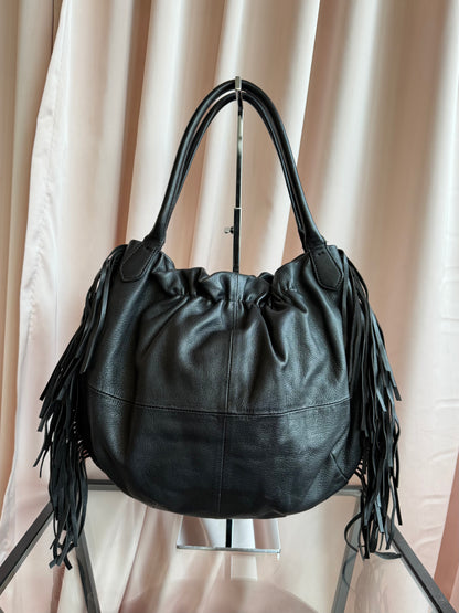 Agnes B. Black Leather Fringe Shoulder Bag