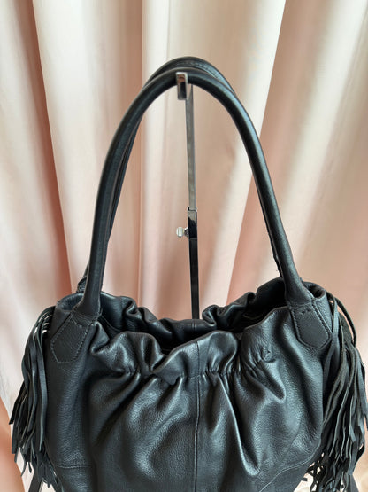 Agnes B. Black Leather Fringe Shoulder Bag