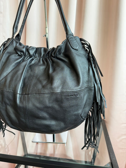 Agnes B. Black Leather Fringe Shoulder Bag