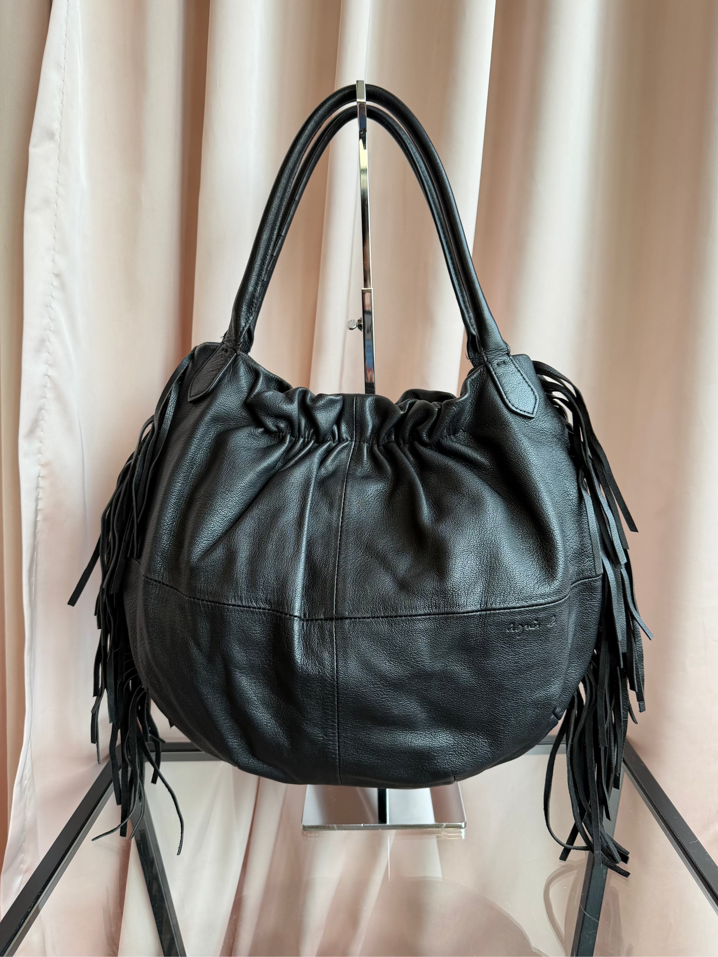 Agnes B. Black Leather Fringe Shoulder Bag