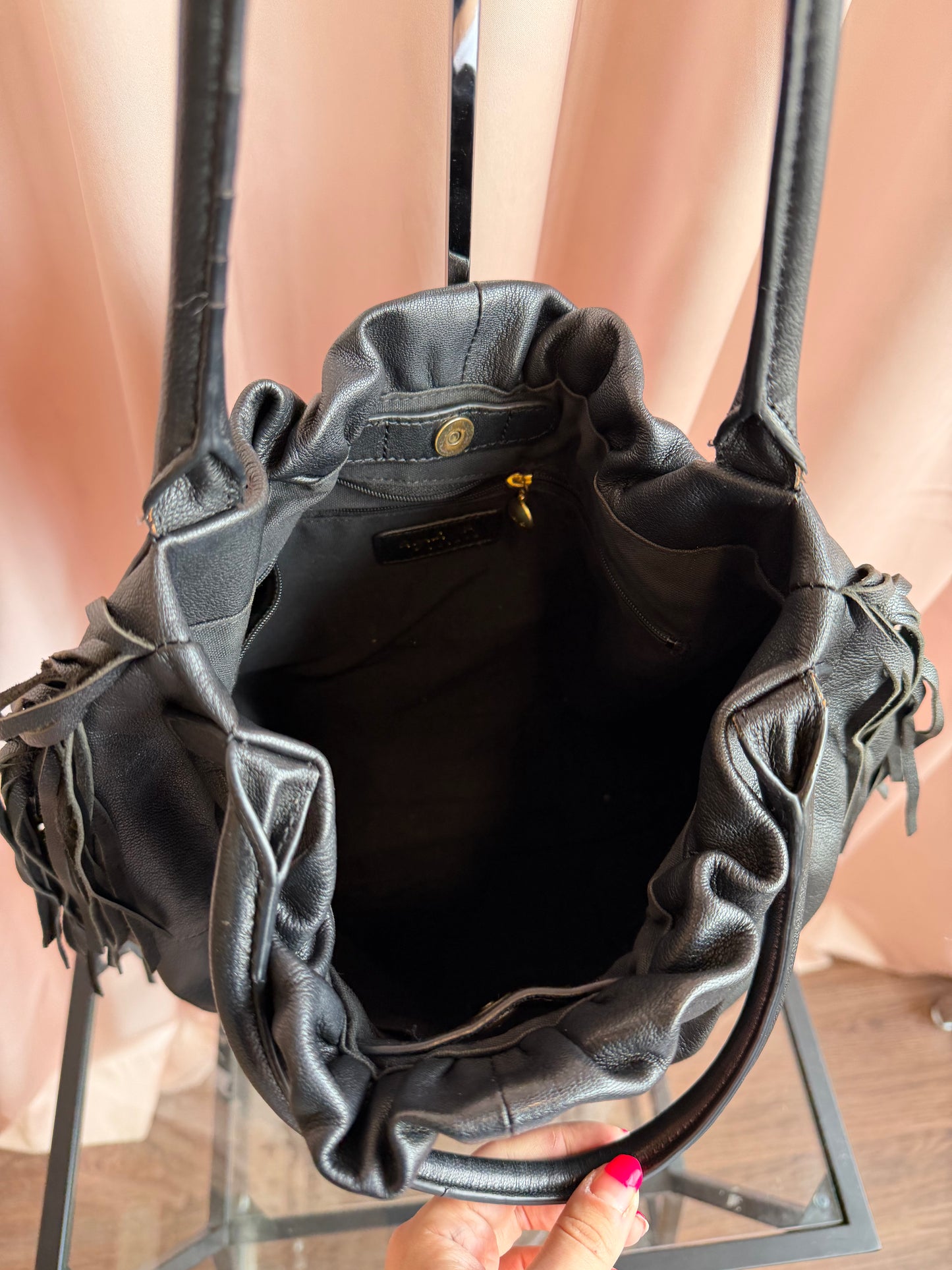 Agnes B. Black Leather Fringe Shoulder Bag