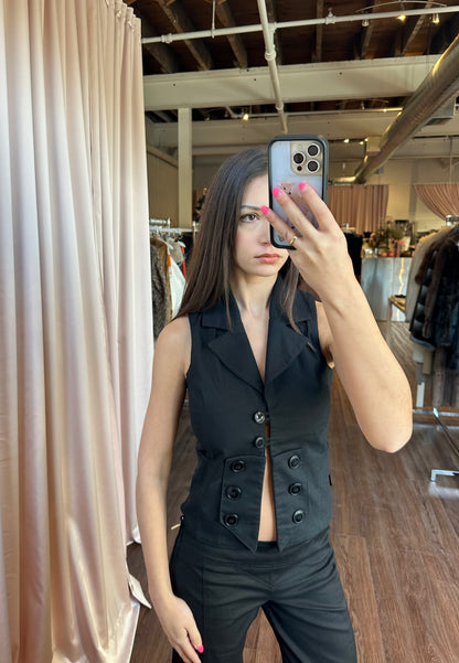Black Double Breasted Vest Top