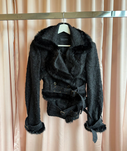 Italian Designer Black Rabbit Fur Trim Jacket