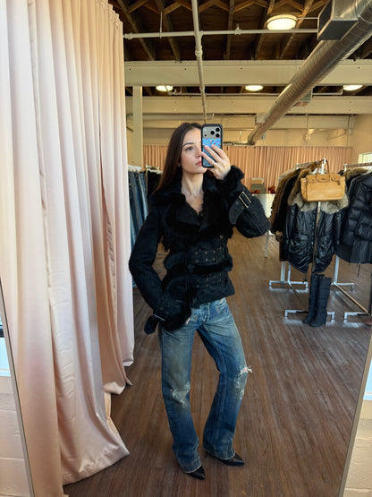 Italian Designer Black Rabbit Fur Trim Jacket
