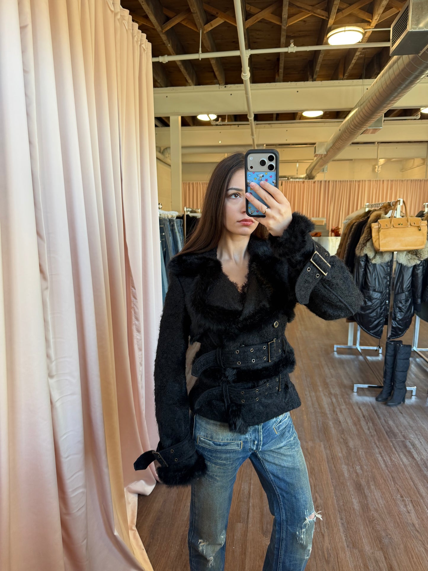 Italian Designer Black Rabbit Fur Trim Jacket