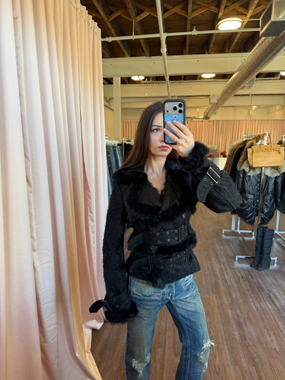 Italian Designer Black Rabbit Fur Trim Jacket