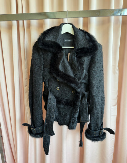 Italian Designer Black Rabbit Fur Trim Jacket