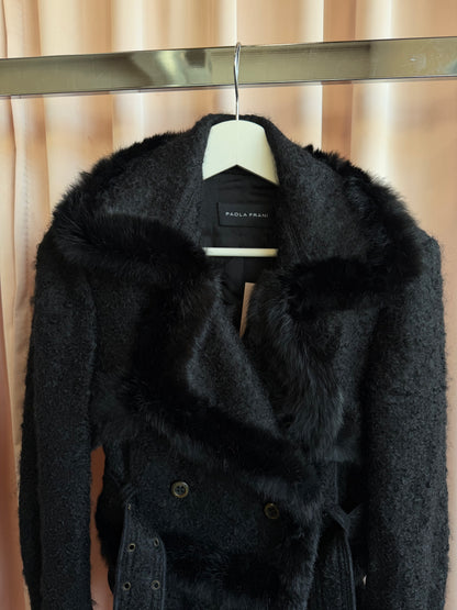 Italian Designer Black Rabbit Fur Trim Jacket