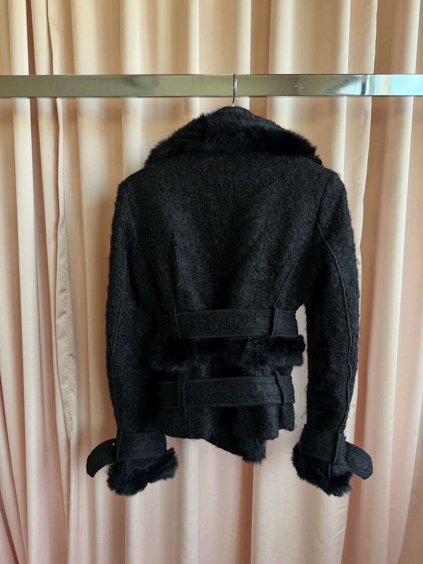 Italian Designer Black Rabbit Fur Trim Jacket