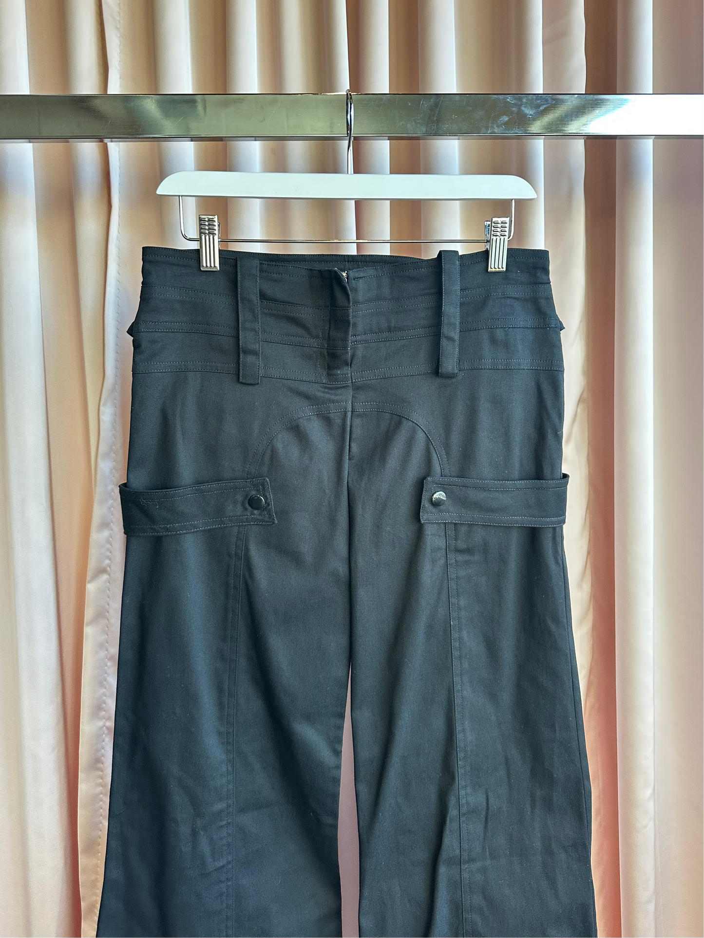 Black Low Rise Flare Strap Pants