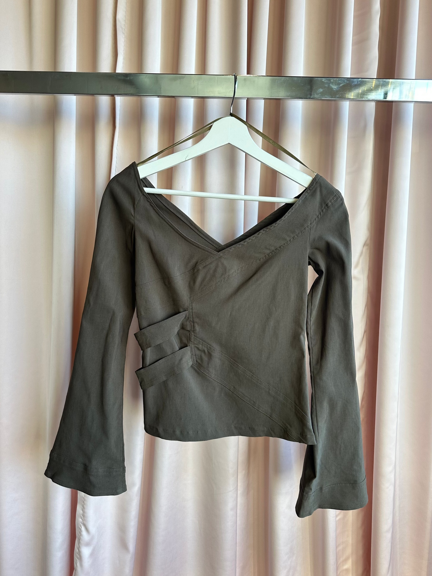 Khaki Flare Sleeves V Neck