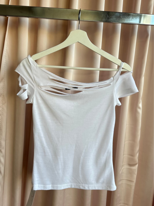 White Distressed Collar Tee Shirt