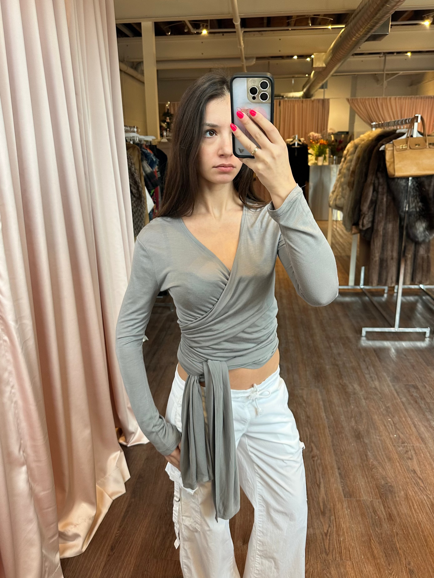 Grey Long Sleeve Wrap Top