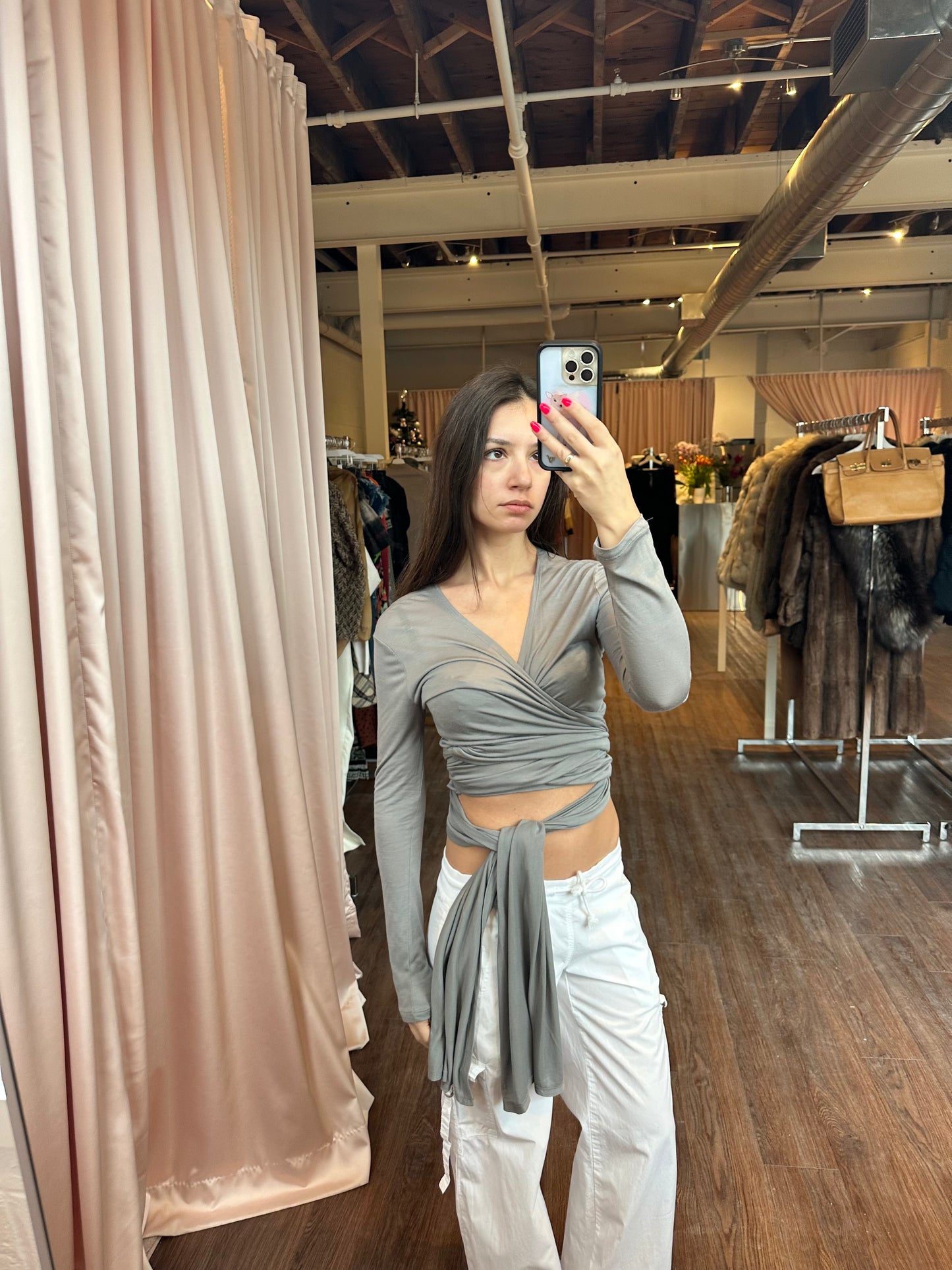 Grey Long Sleeve Wrap Top