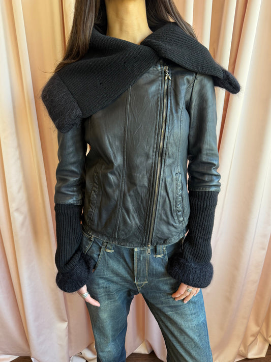 Patrizia Pepe Black Leather Oversized Knit Collar Biker Jacket