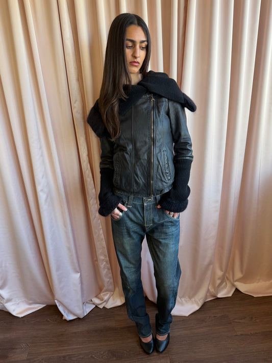 Patrizia Pepe Black Leather Oversized Knit Collar Biker Jacket