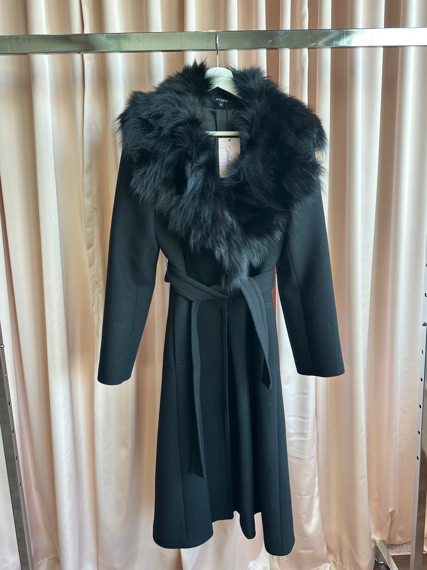 Axara Black Wool Coat with Rabbit Fur