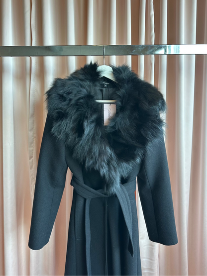 Axara Black Wool Coat with Rabbit Fur