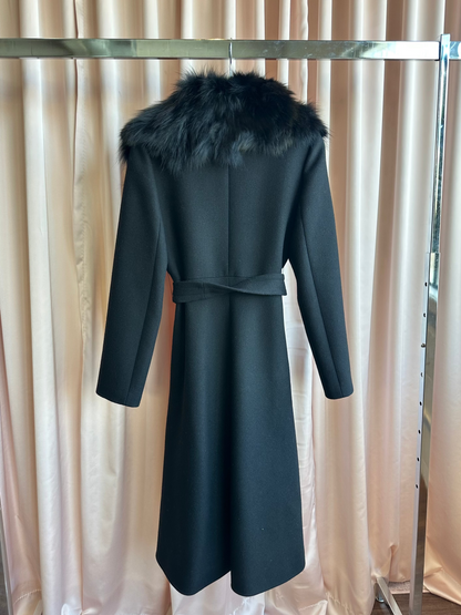 Axara Black Wool Coat with Rabbit Fur