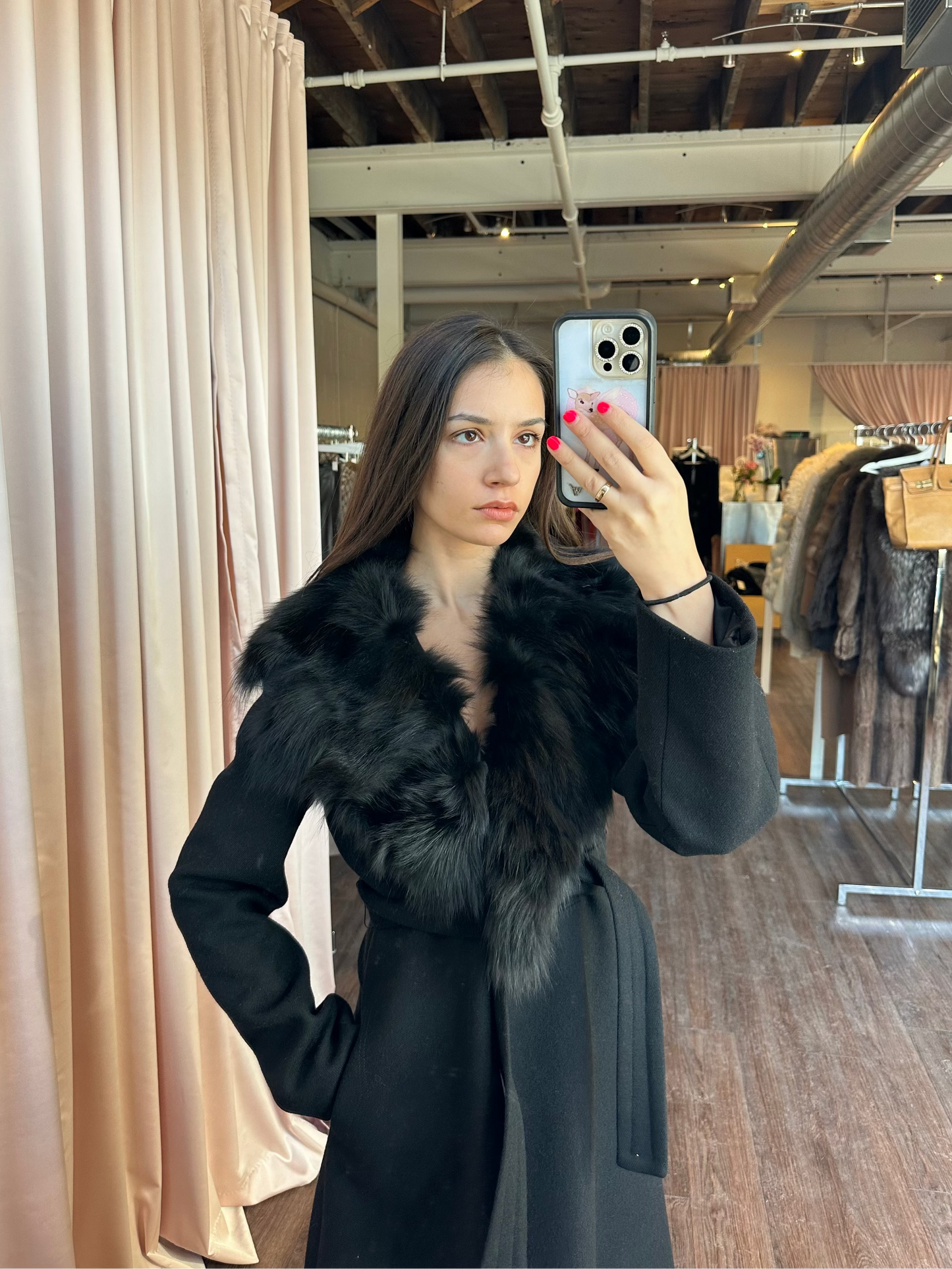 Axara Black Wool Coat with Rabbit Fur