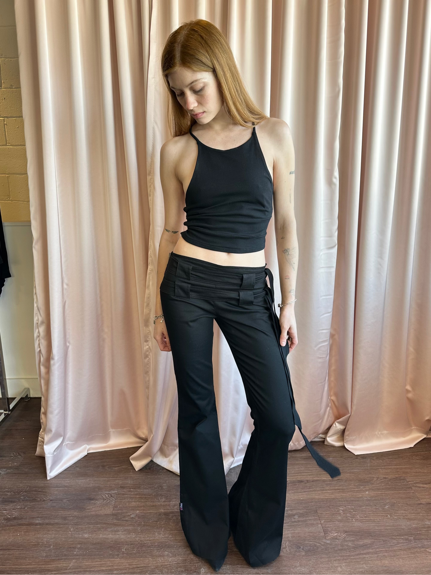 Black Low Rise Pants with Double Belted Waist