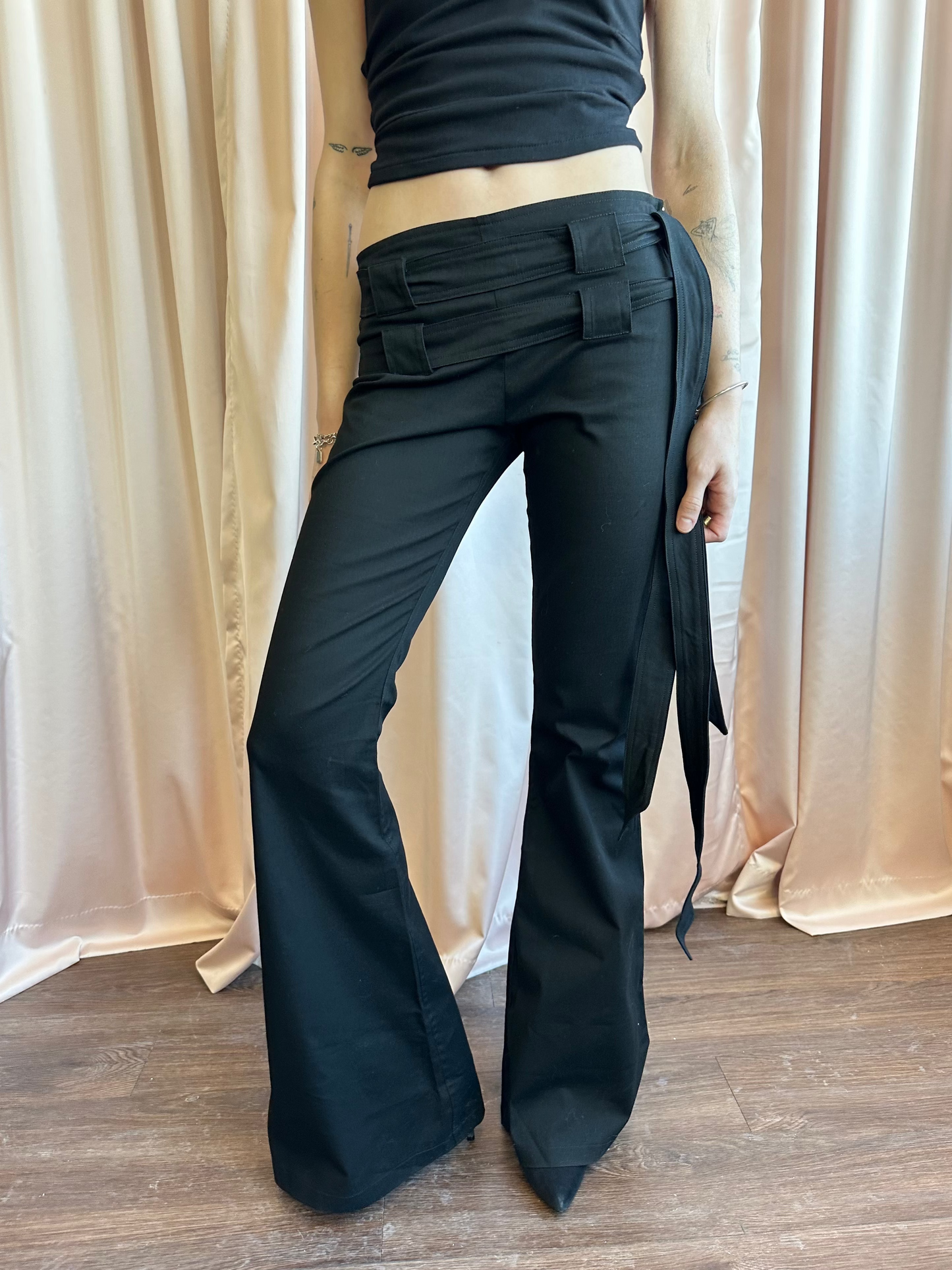 Black Low Rise Pants with Double Belted Waist