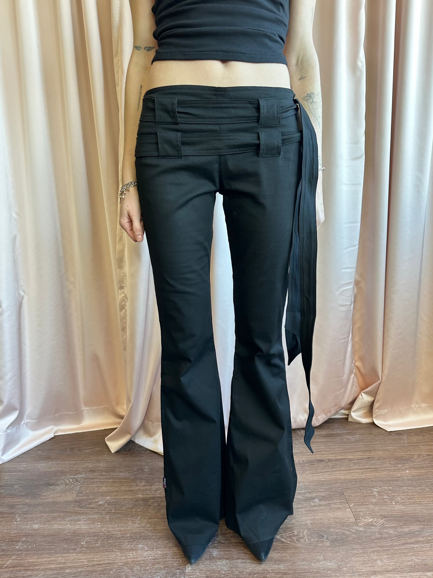 Black Low Rise Pants with Double Belted Waist