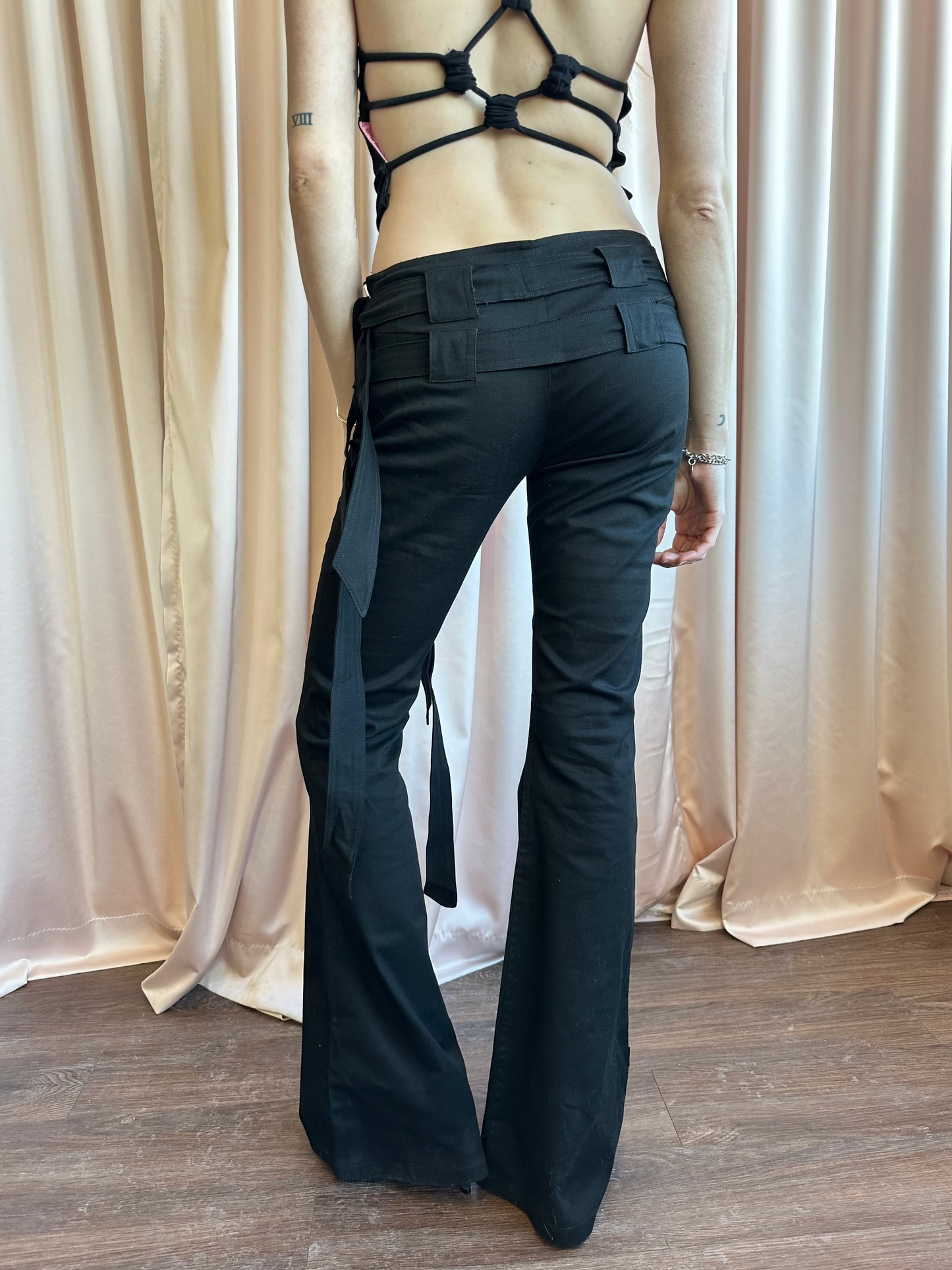 Black Low Rise Pants with Double Belted Waist