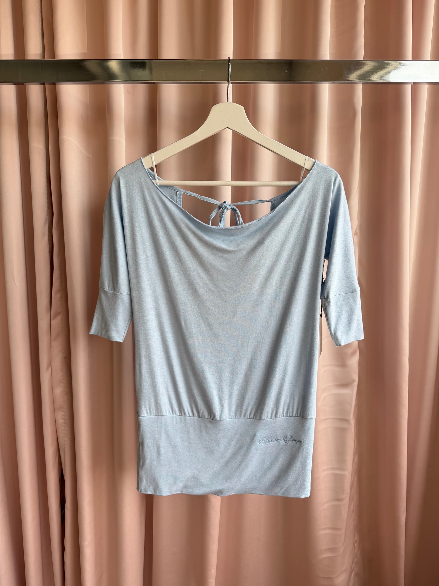 2000's Blue Off the Shoulder Tie Back Shirt