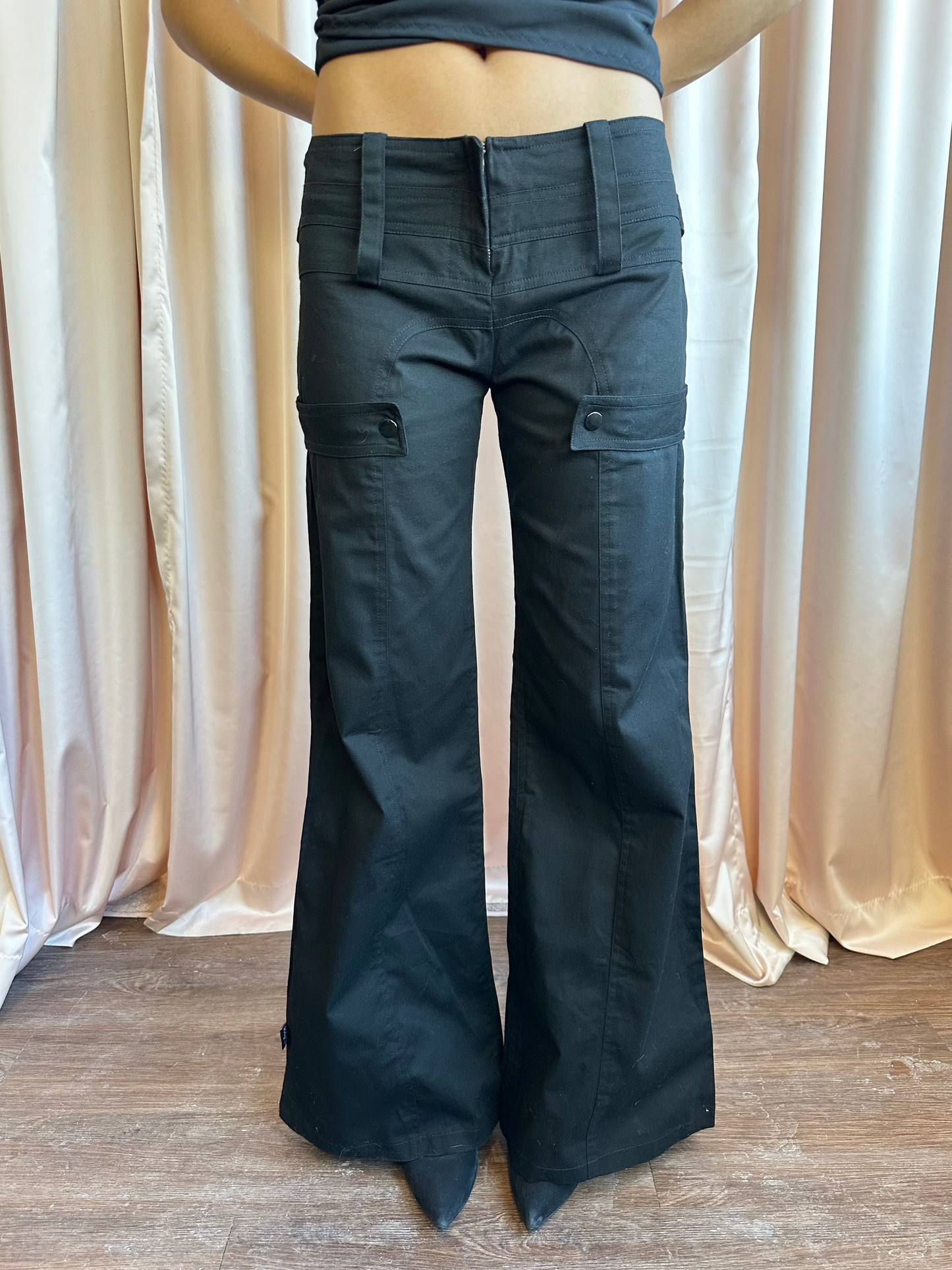 Black Low Rise Flare Strap Pants