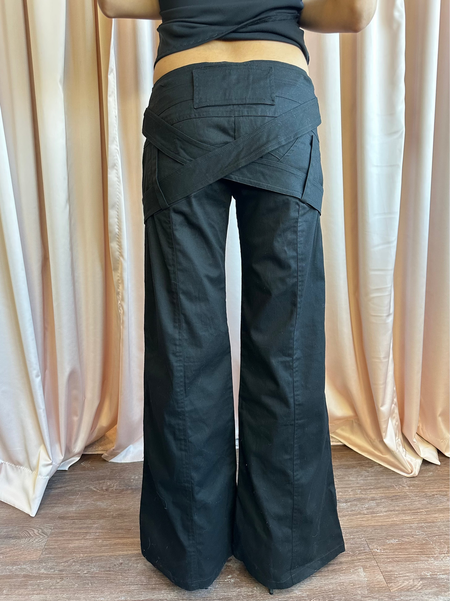 Black Low Rise Flare Strap Pants